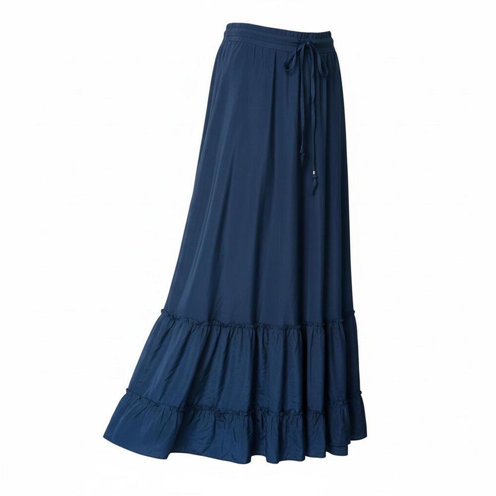 Womens Navy Blue Tiered Maxi Skirt with Drawstring Waist